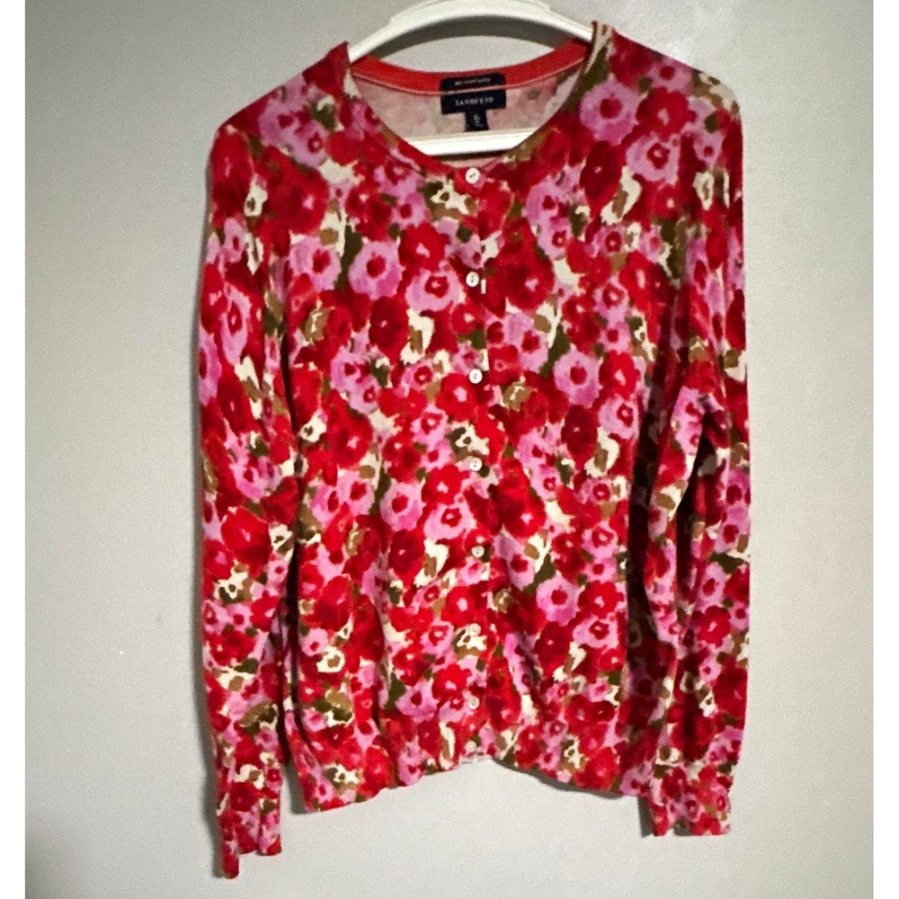 Lands' End Sweater Women's XL Floral Knit 100% Supima Cotton Crew Neck